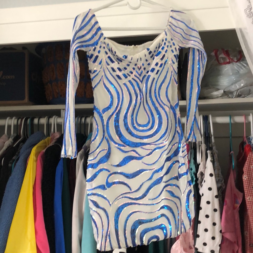 WHITE AND BLUE SEQUIN PARTY DRESS DOLLSKILL